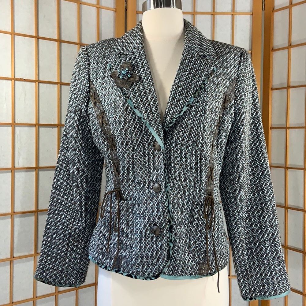 Vintage Nancy Bolen City Girl blazer, faux leather trim and removable brooch.